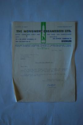 1953 The Monument Creameries Ltd. Letter and Receipt