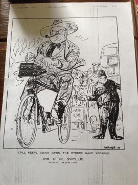 Smyllie cartoon Warner Smyllie on bicycle