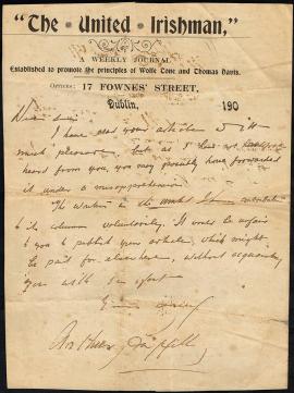 Arthur Griffith Letter to a contributor to United Irishman newspaper circa. 1900