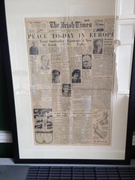 Framed original Irish Times front page VE Day 8th May 1945