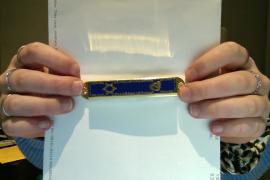 Meir Cohen Enameled Metal Mezuzah case with Shin and Star of David