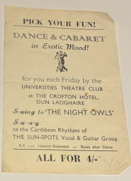 Advertisement for Dance and Cabaret in Universities Theatre Club, the Crofton Hotel, Dun Laoghaire
